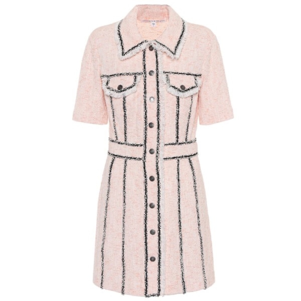 Veronica Beard Pink Tweed Button-Front Mini Dress with Black Trim